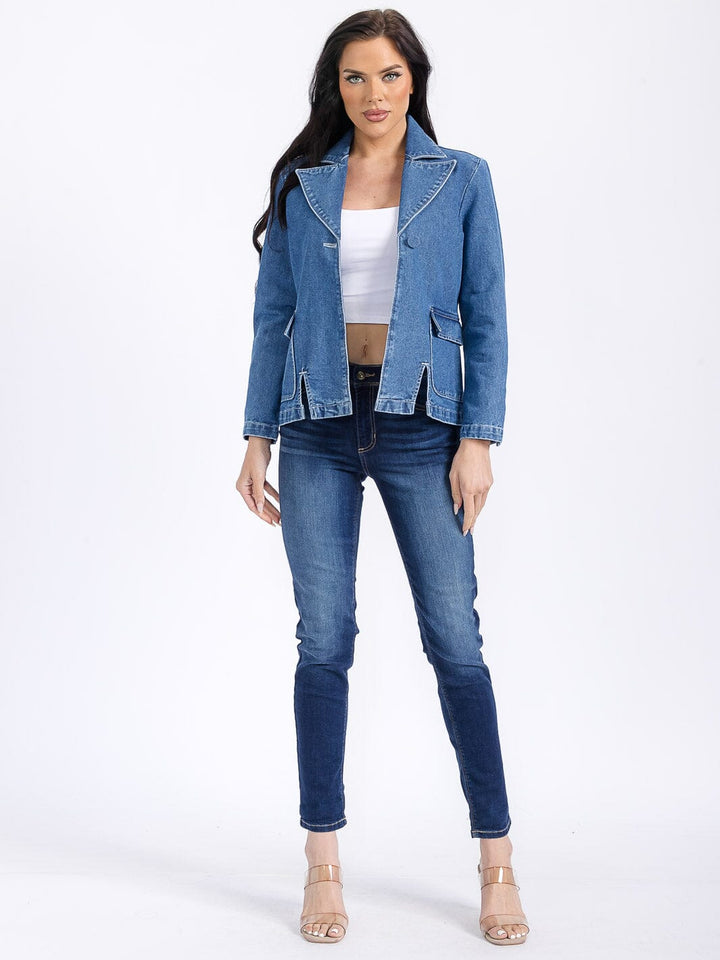 WOMEN'S LONG SLEEVE BUTTON CLOSURE FRONT POCKETS DENIM JACKET