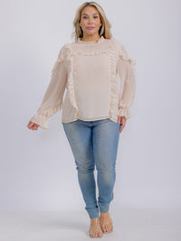 PLUS SIZE LONG SLEEVE WOVEN RUFFLE BLOUSE