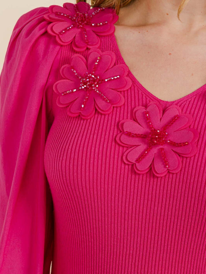WOMEN'S LONG SLEEVE V-NECK FLOWERS BLOUSE