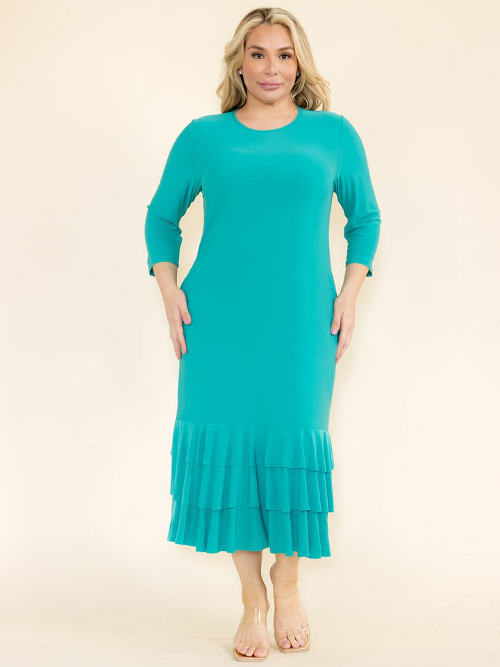 PLUS SIZE 3/4 SLEEVE FRONT POCKETS TIERED RUFFLE BOTTOM HEM MAXI DRESS