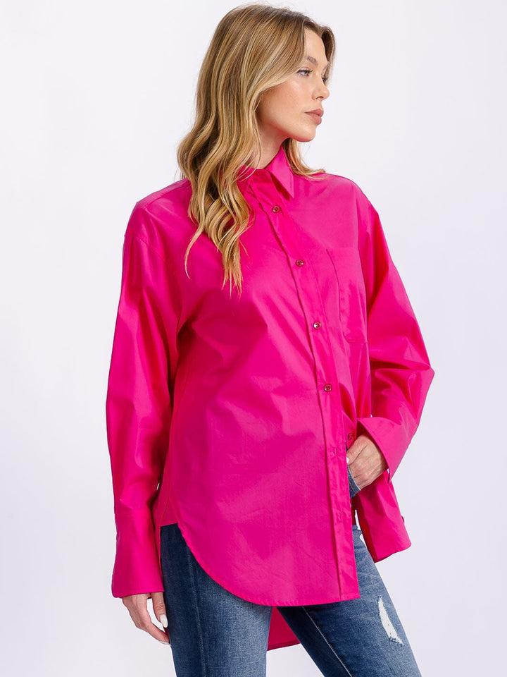 WOMEN'S LONG SLEEVE BUTTON CLOSURE SOLID HIGH-LOW BLOUSE