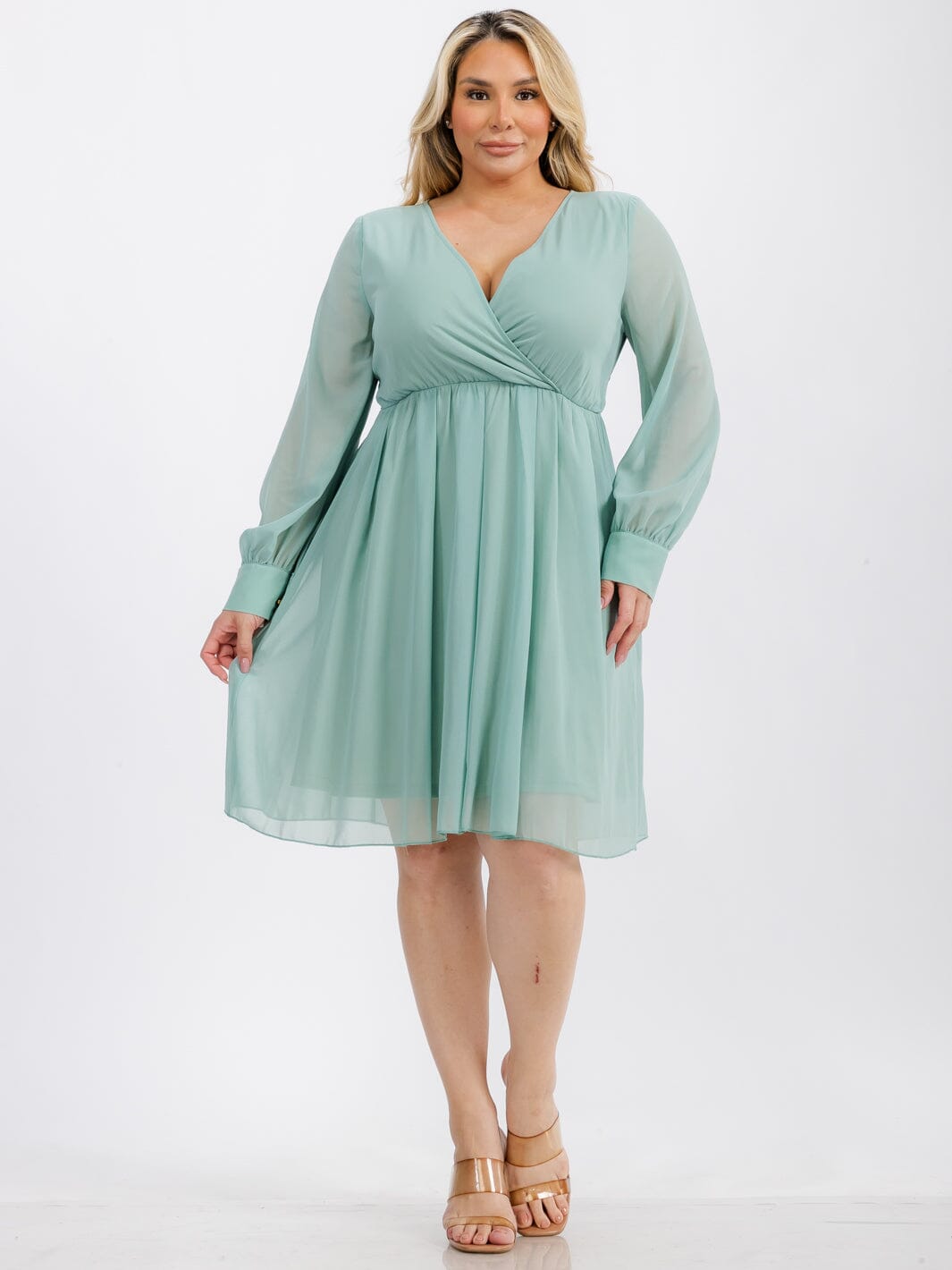 PLUS SIZE LONG SLEEVE SURPLICE SELF TIE MINI DRESS