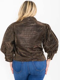 PLUS SIZE 3/4 PUFF SLEEVE BUTTON UP SHIMMER BLOUSE