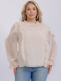PLUS SIZE LONG SLEEVE WOVEN RUFFLE BLOUSE