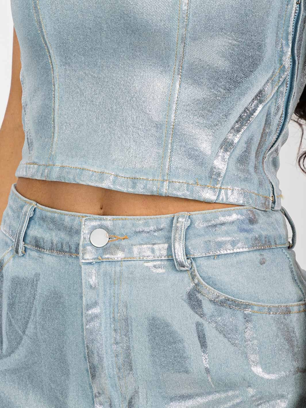 WOMEN'S CROP TOP & MAXI SKIRT SHIMMER DENIM 2PC. SET