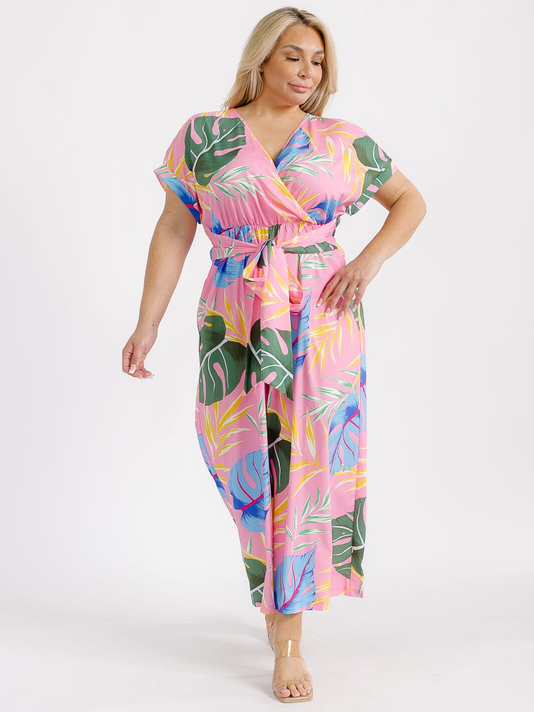 PLUS SIZE SHORT SLEEVE SURPLICE ELASTIC WAIST LEAF PRINT WIDE LEG JUMPSUIT