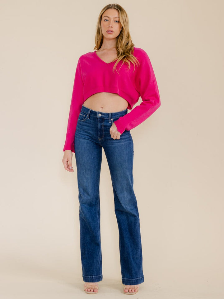 WOMEN'S LONG SLEEVE V-NECK KNIT CROP TOP