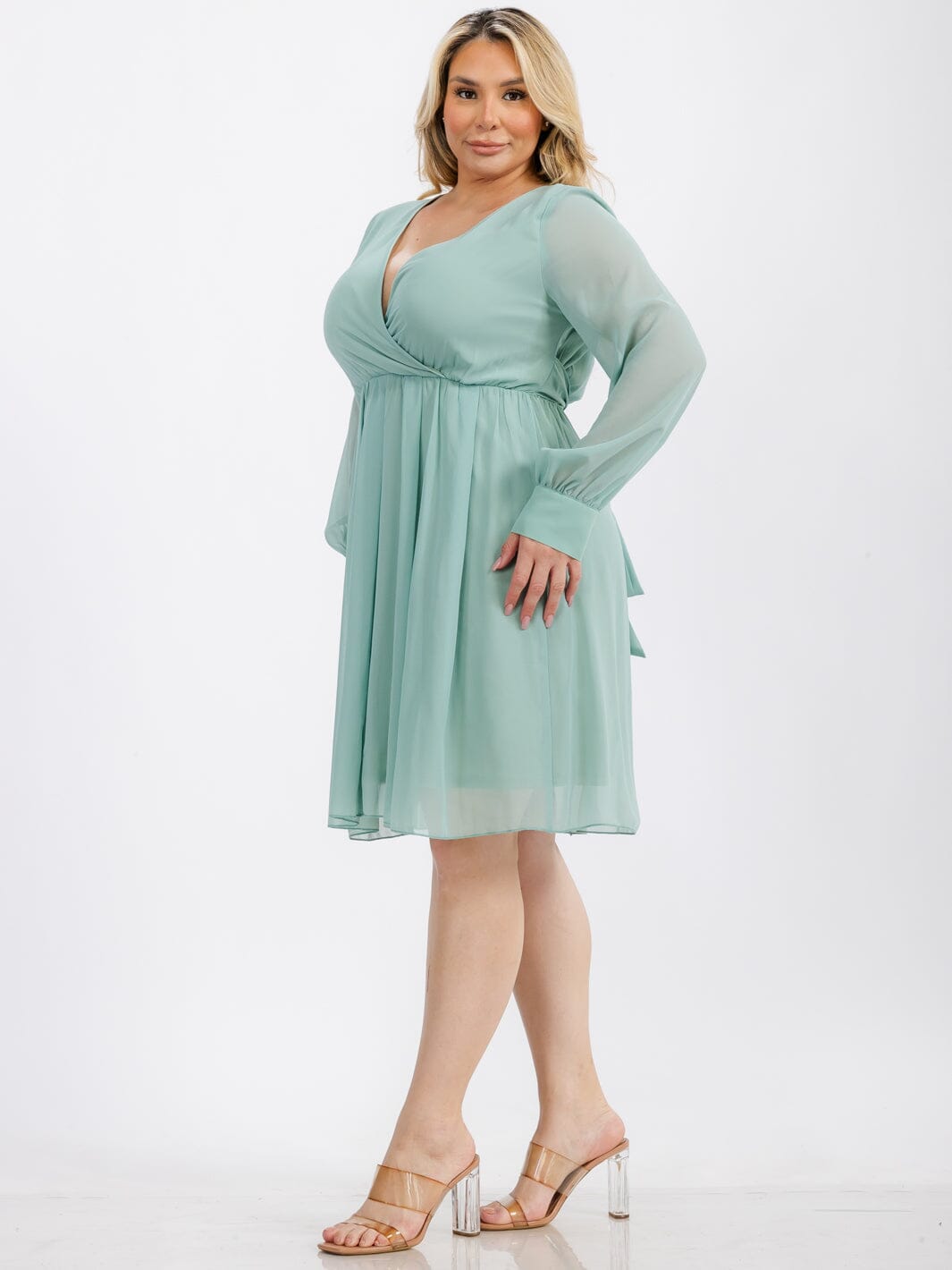 PLUS SIZE LONG SLEEVE SURPLICE SELF TIE MINI DRESS