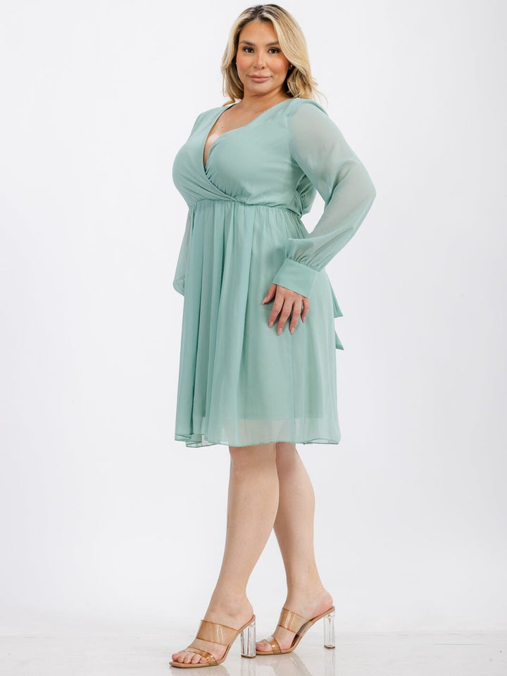 PLUS SIZE LONG SLEEVE SURPLICE SELF TIE MINI DRESS