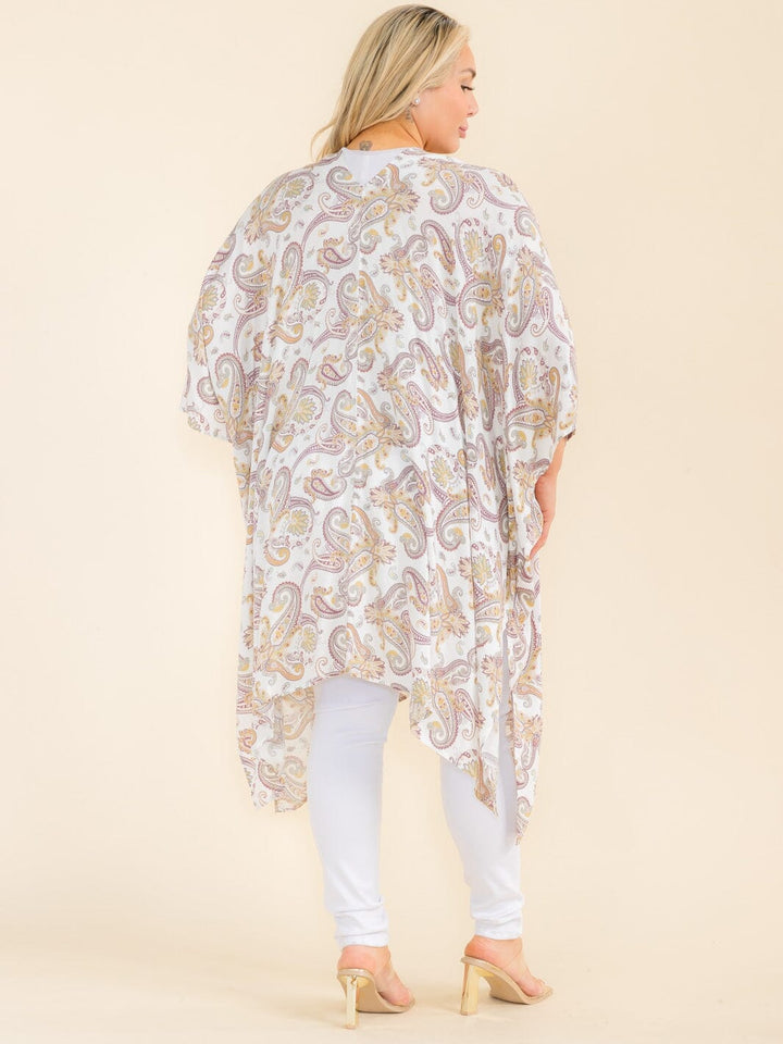 PLUS SIZE SHORT SLEEVE OPEN FRONT PAISLEY PRINT CARDIGAN