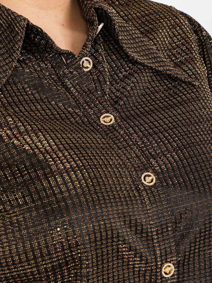 PLUS SIZE 3/4 PUFF SLEEVE BUTTON UP SHIMMER BLOUSE