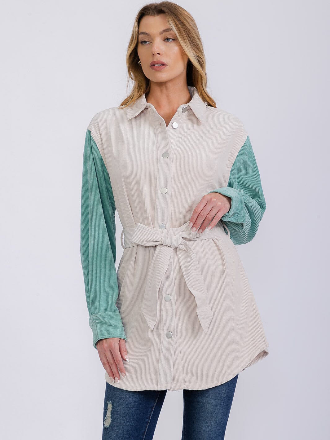 WOMEN'S LONG SLEEVE BUTTON CLOSURE SELF TIE COLORBLOCK CORDUROY SHACKET