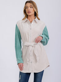 WOMEN'S LONG SLEEVE BUTTON CLOSURE SELF TIE COLORBLOCK CORDUROY SHACKET