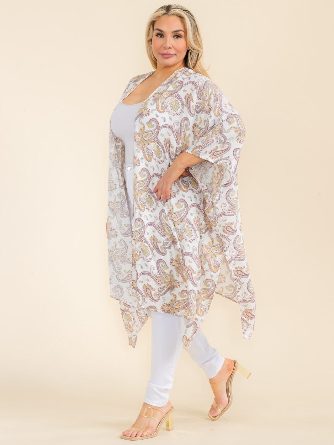 PLUS SIZE SHORT SLEEVE OPEN FRONT PAISLEY PRINT CARDIGAN