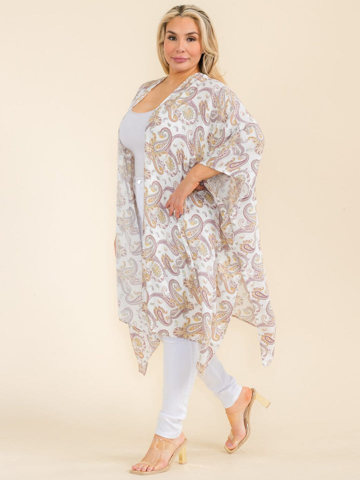 PLUS SIZE SHORT SLEEVE OPEN FRONT PAISLEY PRINT CARDIGAN