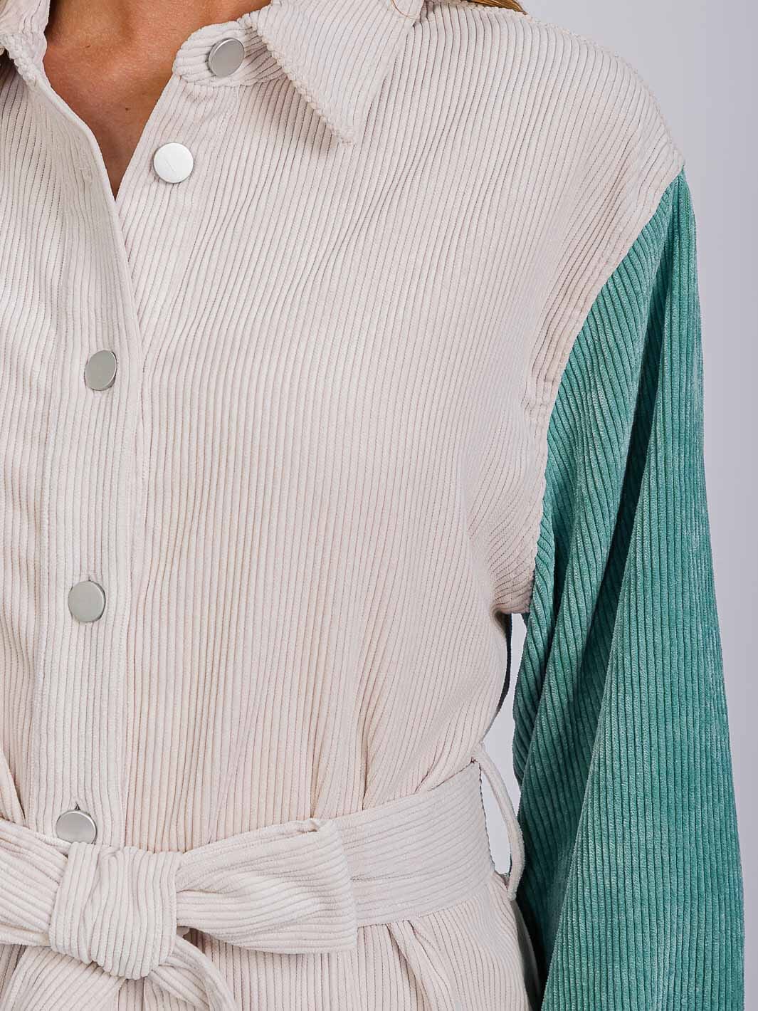 WOMEN'S LONG SLEEVE BUTTON CLOSURE SELF TIE COLORBLOCK CORDUROY SHACKET