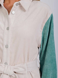 WOMEN'S LONG SLEEVE BUTTON CLOSURE SELF TIE COLORBLOCK CORDUROY SHACKET