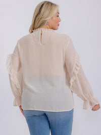 PLUS SIZE LONG SLEEVE WOVEN RUFFLE BLOUSE