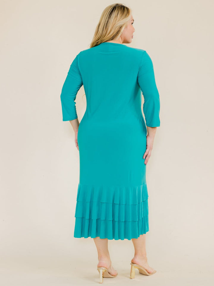 PLUS SIZE 3/4 SLEEVE FRONT POCKETS TIERED RUFFLE BOTTOM HEM MAXI DRESS