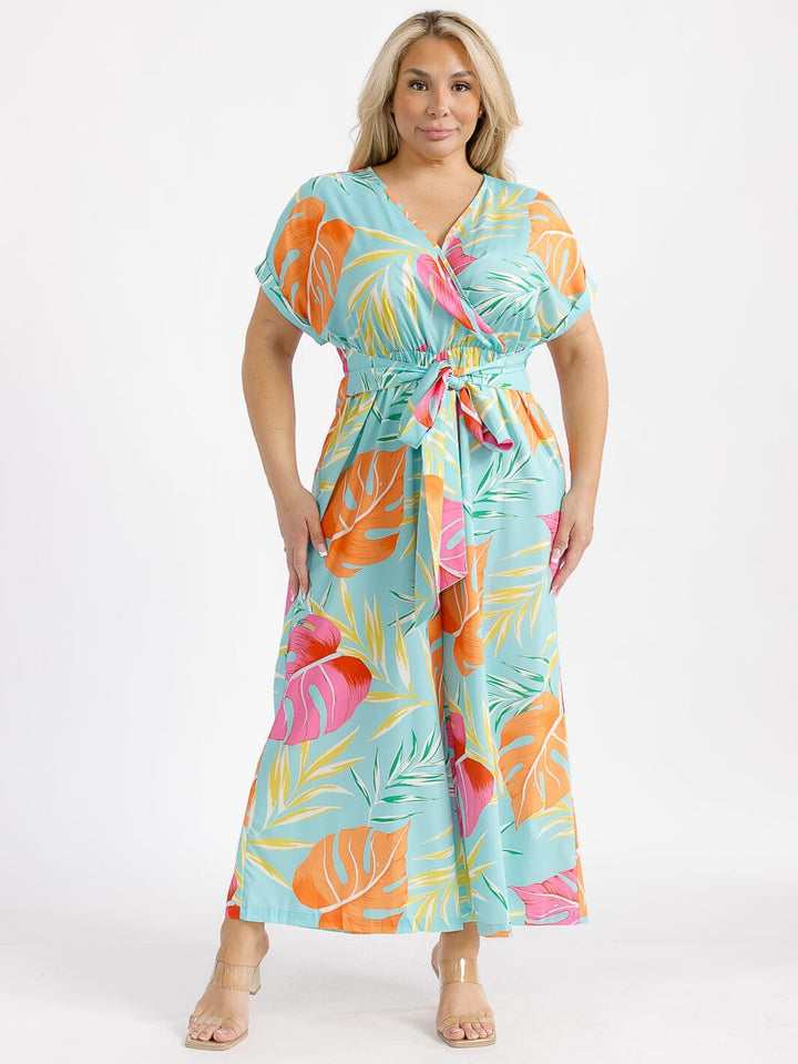PLUS SIZE SHORT SLEEVE SURPLICE ELASTIC WAIST LEAF PRINT WIDE LEG JUMPSUIT