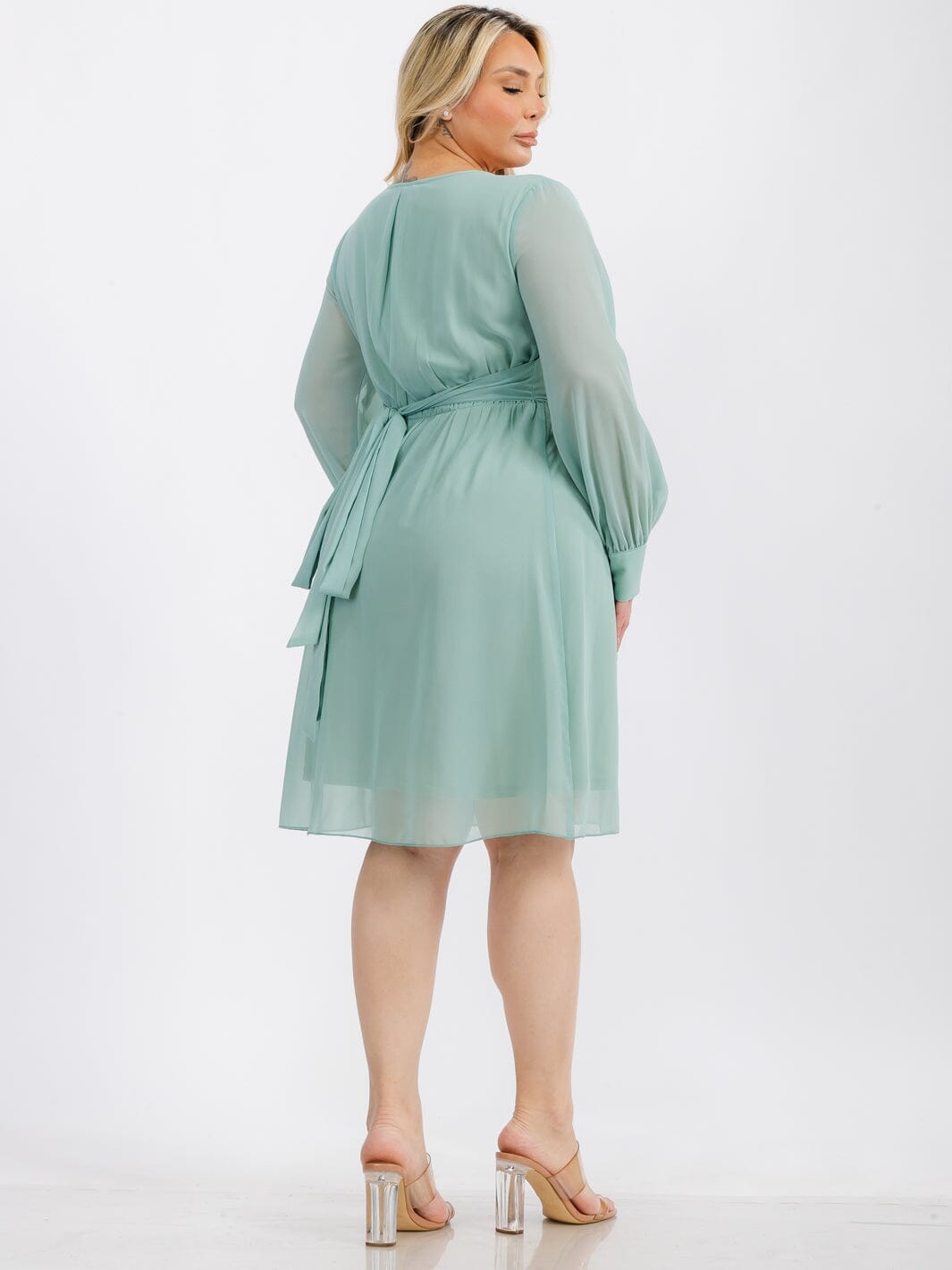 PLUS SIZE LONG SLEEVE SURPLICE SELF TIE MINI DRESS