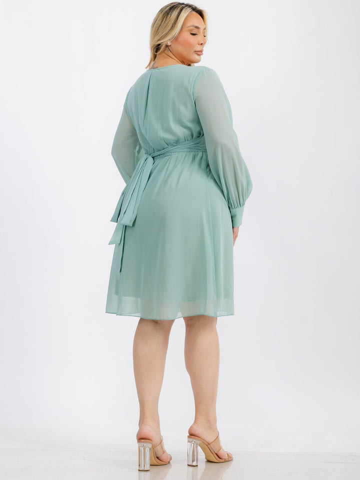 PLUS SIZE LONG SLEEVE SURPLICE SELF TIE MINI DRESS