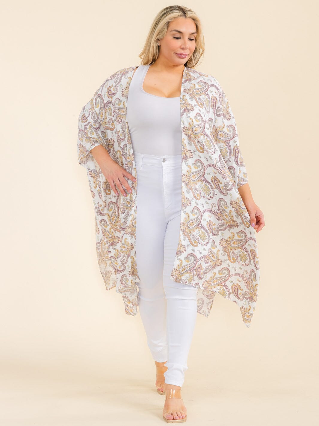 PLUS SIZE SHORT SLEEVE OPEN FRONT PAISLEY PRINT CARDIGAN