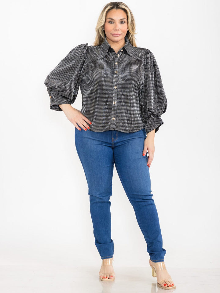 PLUS SIZE 3/4 PUFF SLEEVE BUTTON UP SHIMMER BLOUSE