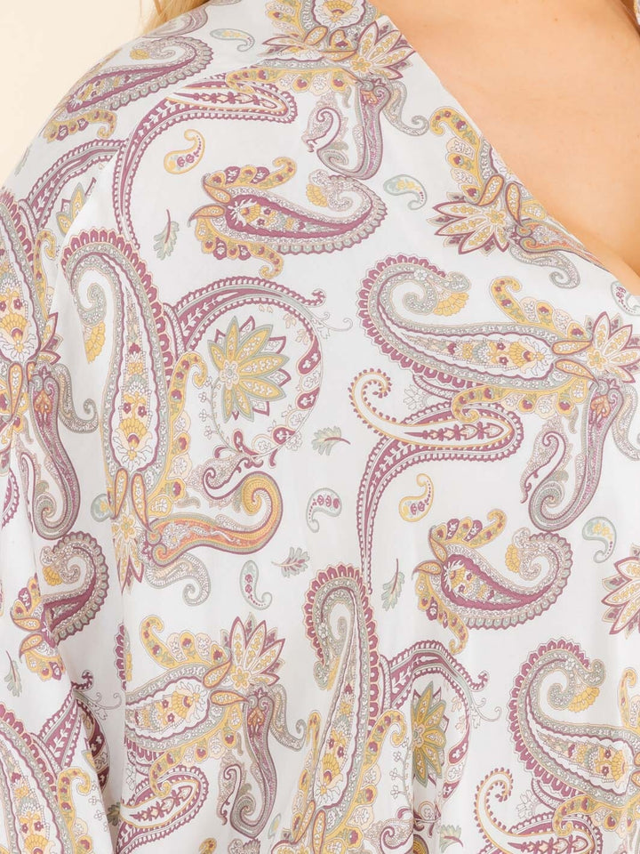 PLUS SIZE SHORT SLEEVE OPEN FRONT PAISLEY PRINT CARDIGAN