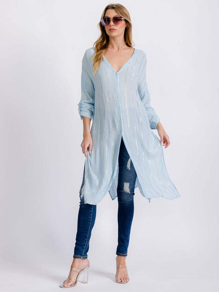 WOMEN'S LONG SLEEVE BUTTON UP SLIT SHIMMER TUNIC TOP
