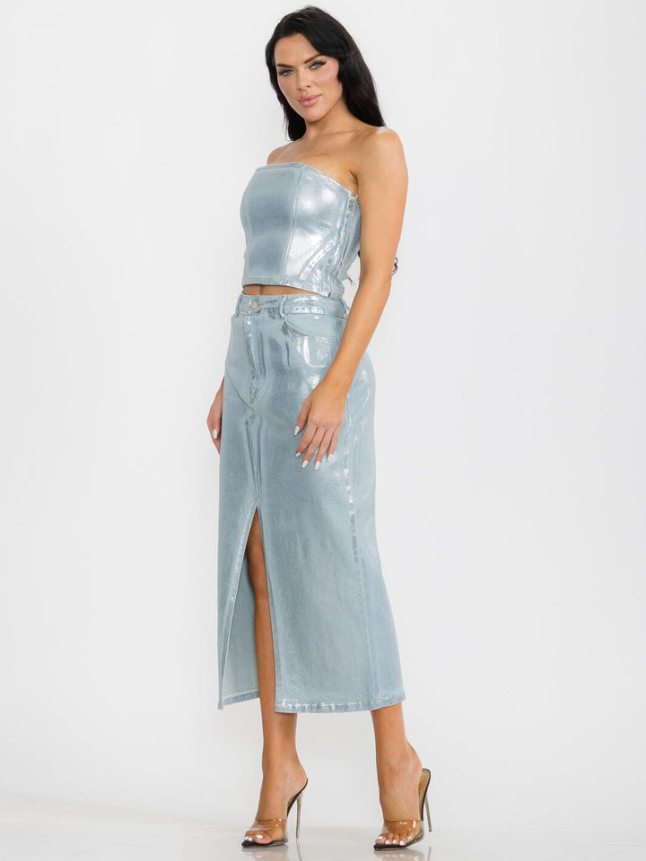 WOMEN'S CROP TOP & MAXI SKIRT SHIMMER DENIM 2PC. SET