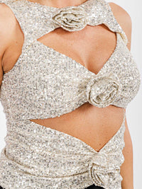 WOMEN'S SLEEVELESS CUT OUT SEQUINS FLOWERS TOP