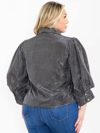 PLUS SIZE 3/4 PUFF SLEEVE BUTTON UP SHIMMER BLOUSE
