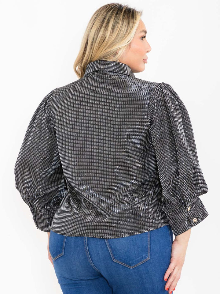 PLUS SIZE 3/4 PUFF SLEEVE BUTTON UP SHIMMER BLOUSE
