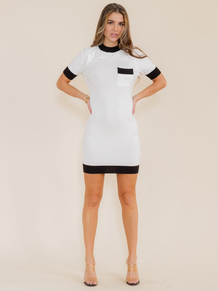 WOMEN'S SHORT SLEEVE FRONT POCKET COLORBLOCK MINI DRESS