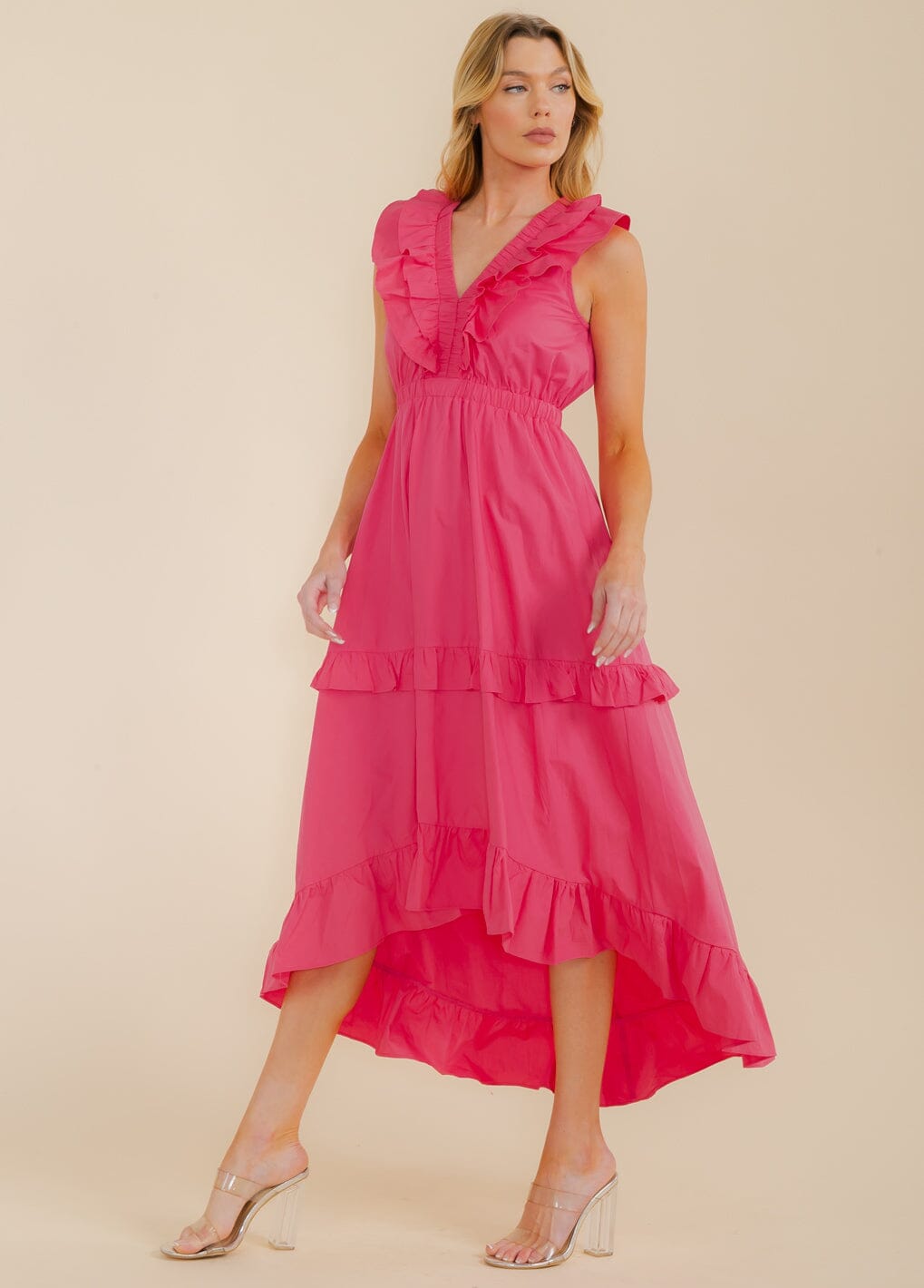 WOMEN'S SLEEVELESS V-NECK OPEN BACK HIGH-LOW MAXI DRESS