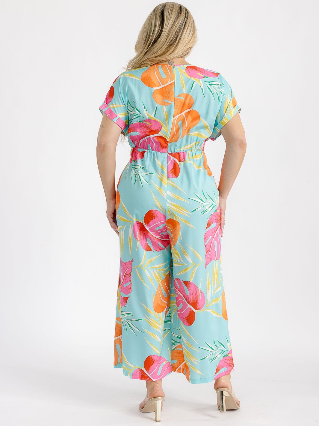 PLUS SIZE SHORT SLEEVE SURPLICE ELASTIC WAIST LEAF PRINT WIDE LEG JUMPSUIT