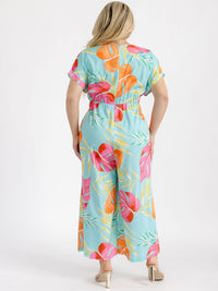 PLUS SIZE SHORT SLEEVE SURPLICE ELASTIC WAIST LEAF PRINT WIDE LEG JUMPSUIT