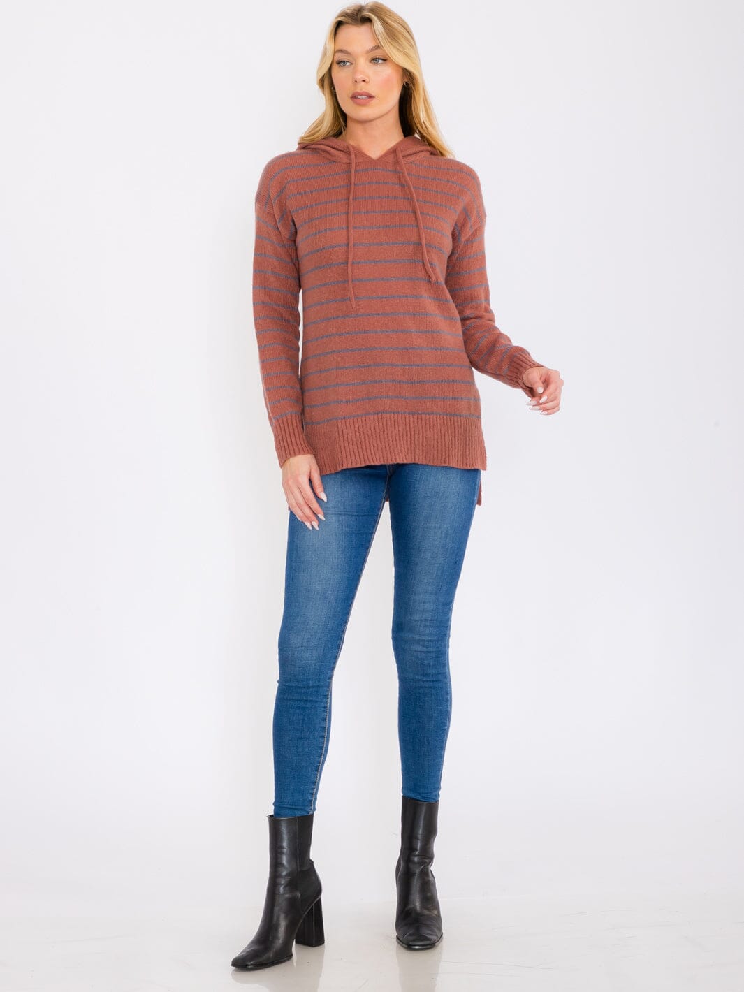 WOMEN'S LONG SLEEVES HOODED STRIPES PULLOVER SWEATER