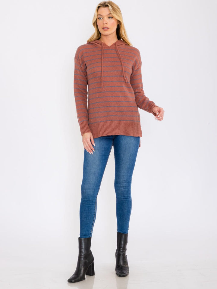 WOMEN'S LONG SLEEVES HOODED STRIPES PULLOVER SWEATER