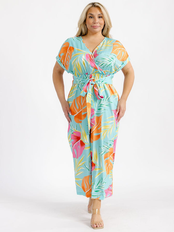 PLUS SIZE SHORT SLEEVE SURPLICE ELASTIC WAIST LEAF PRINT WIDE LEG JUMPSUIT