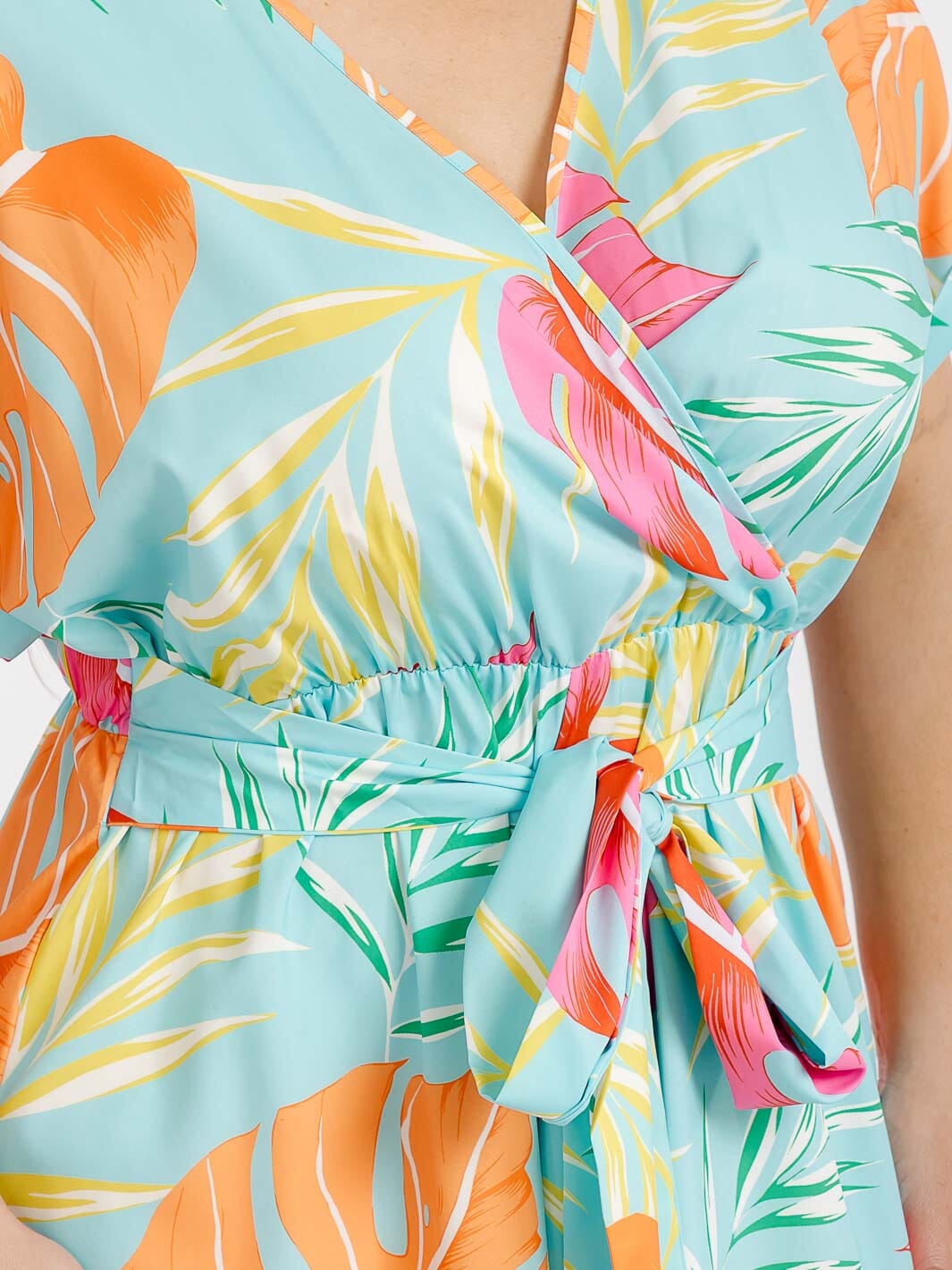 PLUS SIZE SHORT SLEEVE SURPLICE ELASTIC WAIST LEAF PRINT WIDE LEG JUMPSUIT