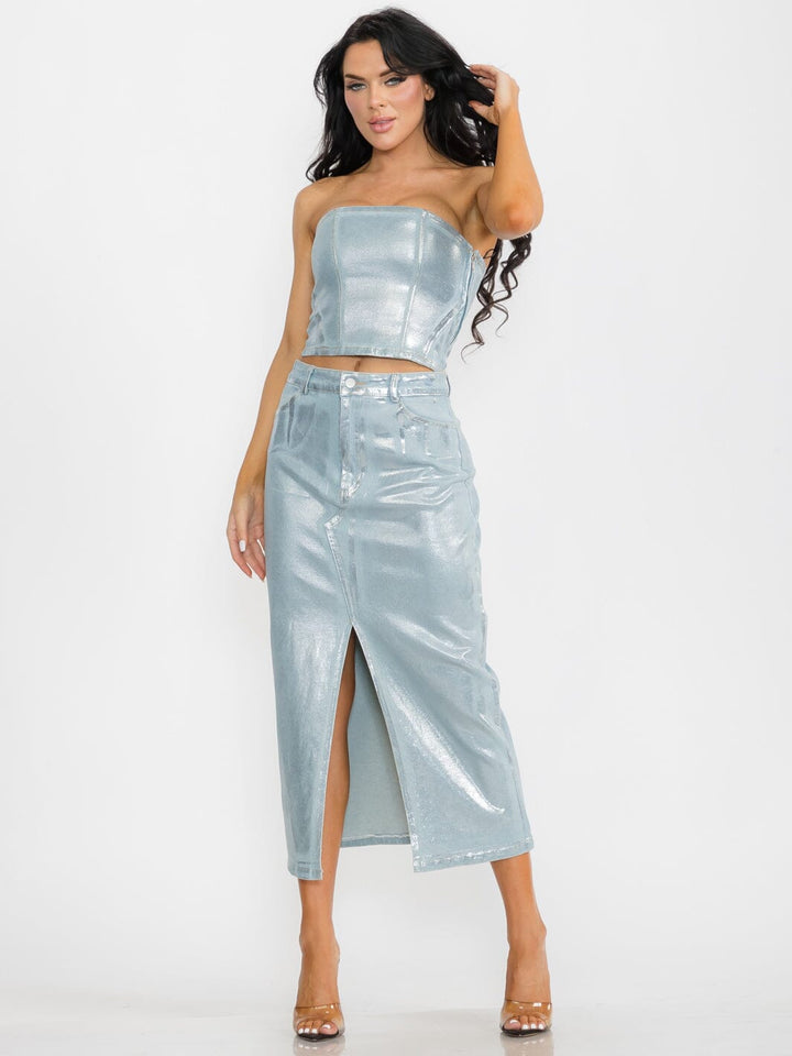 WOMEN'S CROP TOP & MAXI SKIRT SHIMMER DENIM 2PC. SET