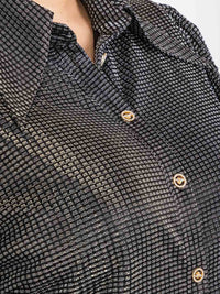PLUS SIZE 3/4 PUFF SLEEVE BUTTON UP SHIMMER BLOUSE