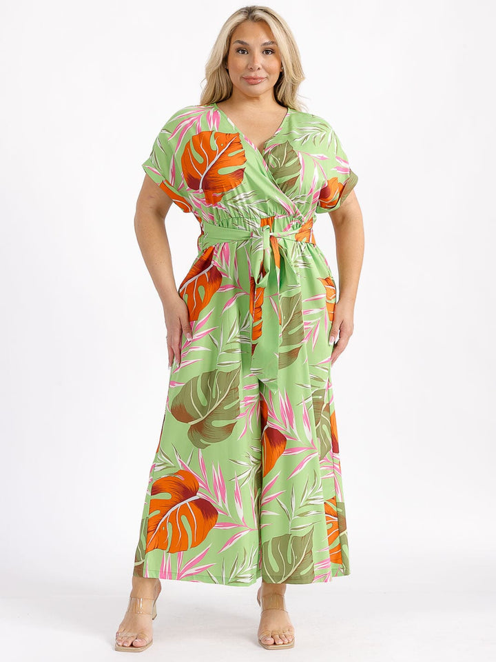PLUS SIZE SHORT SLEEVE SURPLICE ELASTIC WAIST LEAF PRINT WIDE LEG JUMPSUIT