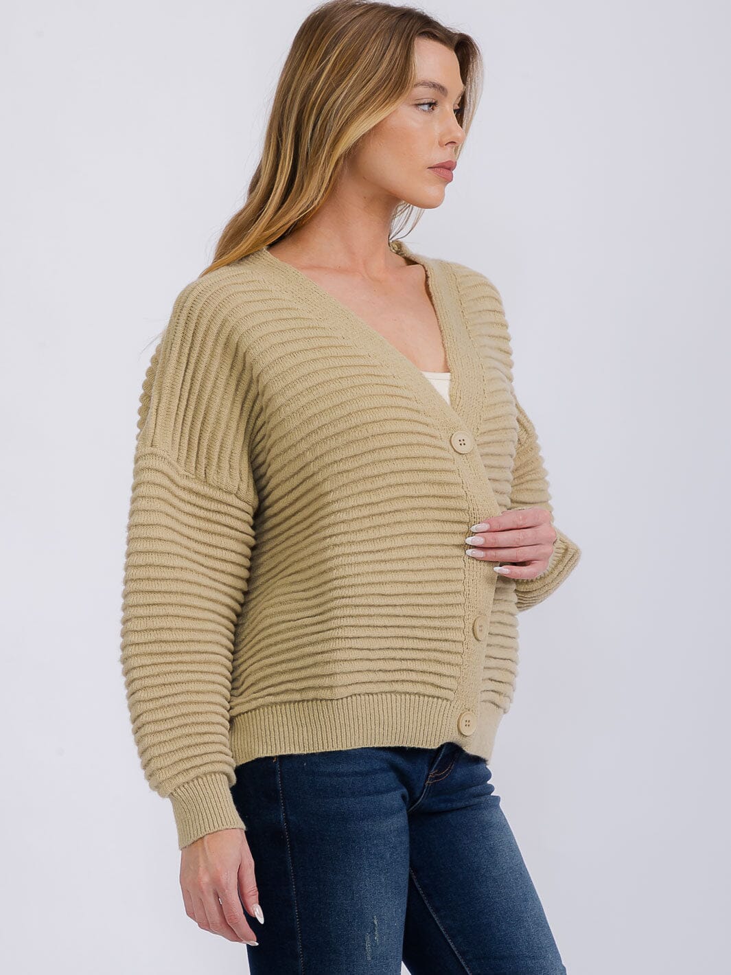 WOMEN'S LONG SLEEVE BUTTON CLOSURE RIBBED CARDIGAN SWEATER