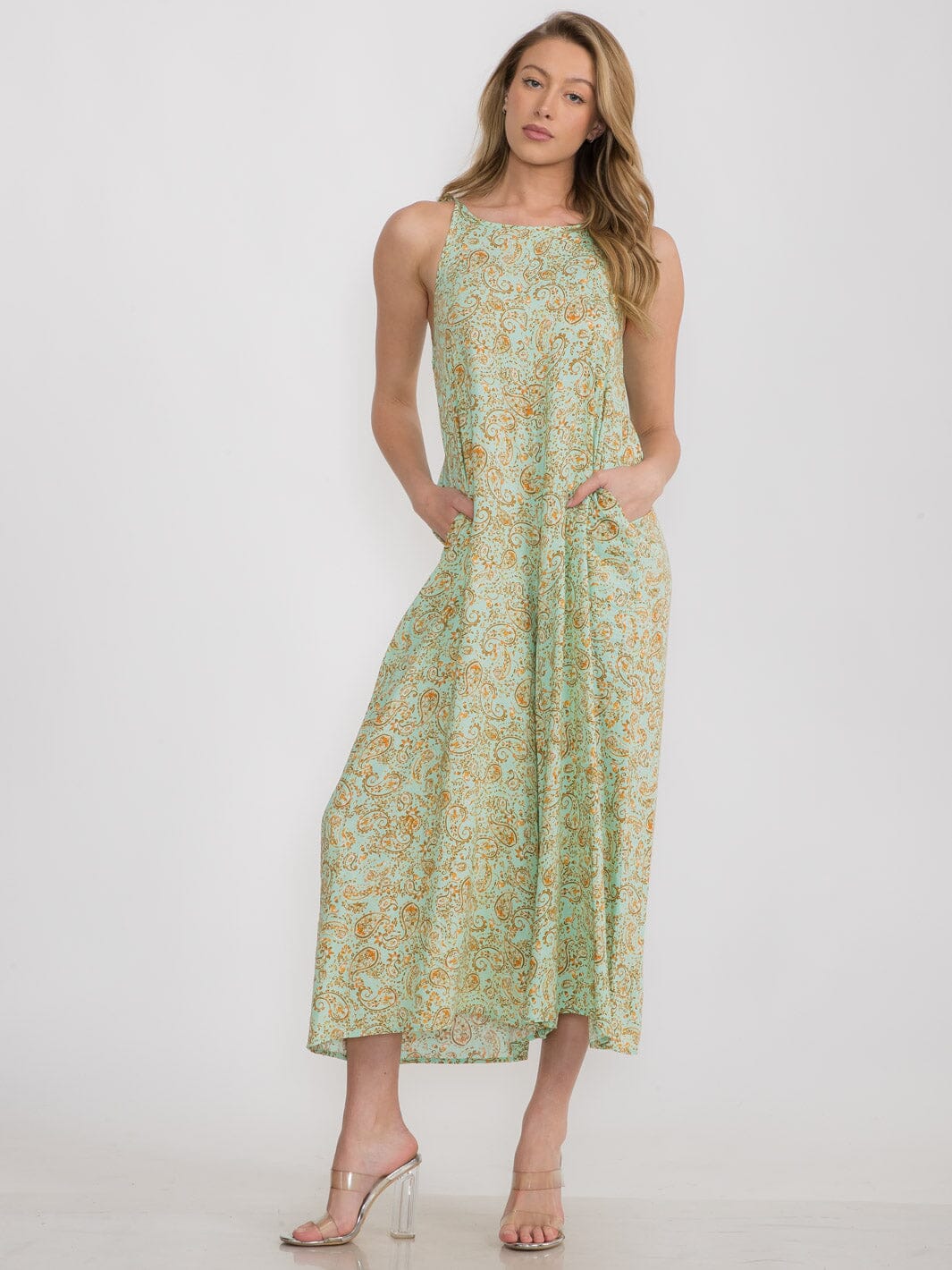 WOMEN'S SLEEVELESS FRONT POCKETS WIDE LEG PAISLEY PRINT JUMPSUIT