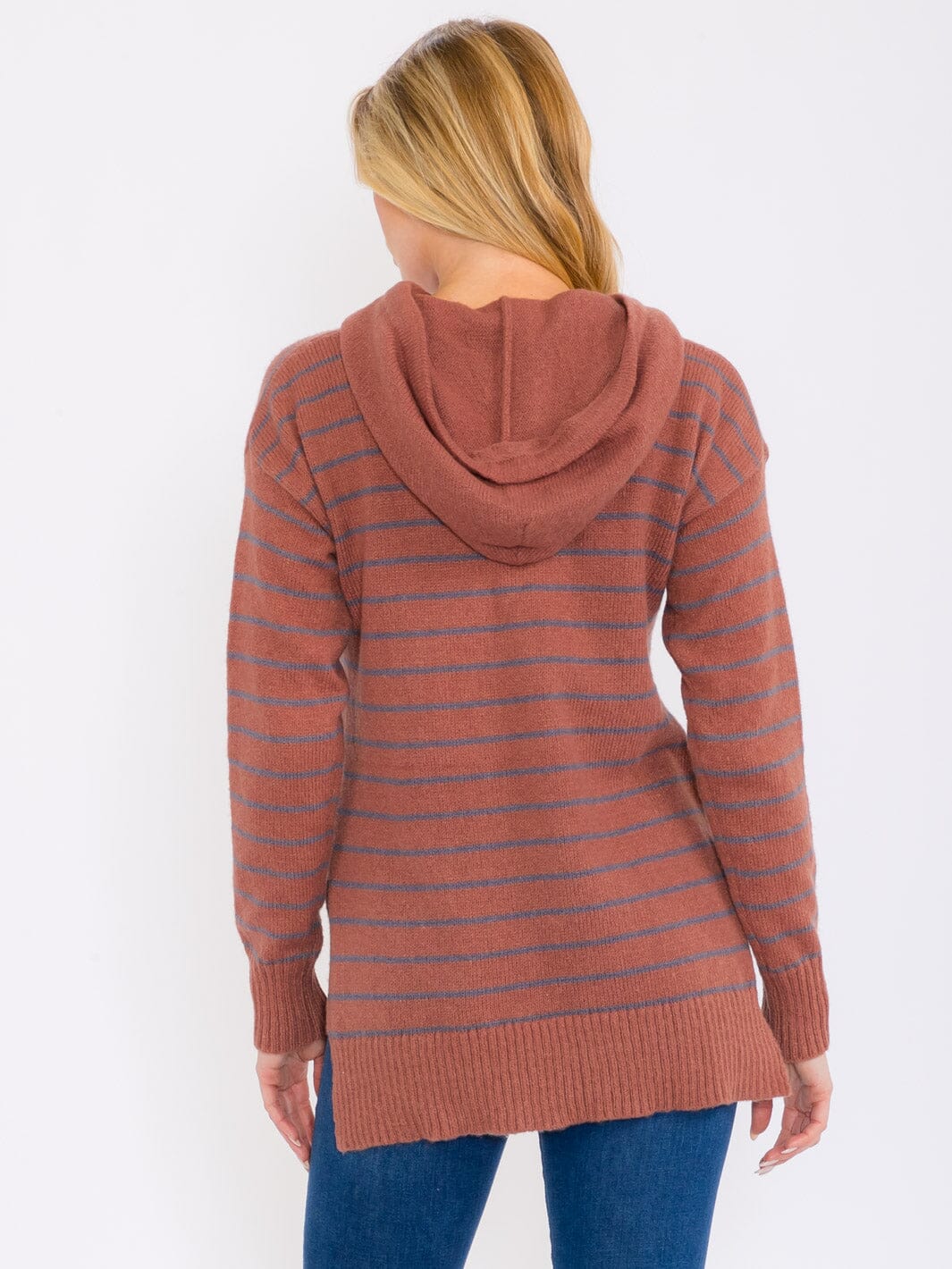 WOMEN'S LONG SLEEVES HOODED STRIPES PULLOVER SWEATER