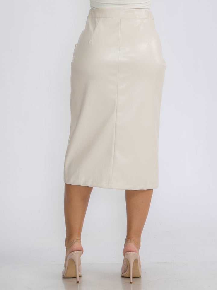 WOMEN'S ZIP UP RUCHED DETAILED PU PLEATHER MIDI SKIRT