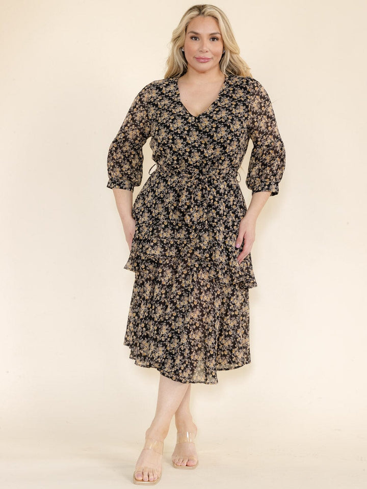 PLUS SIZE 3/4 SLEEVES SURPLICE ELASTIC WAIST SELF TIE FLORAL PRINT MIDI DRESS